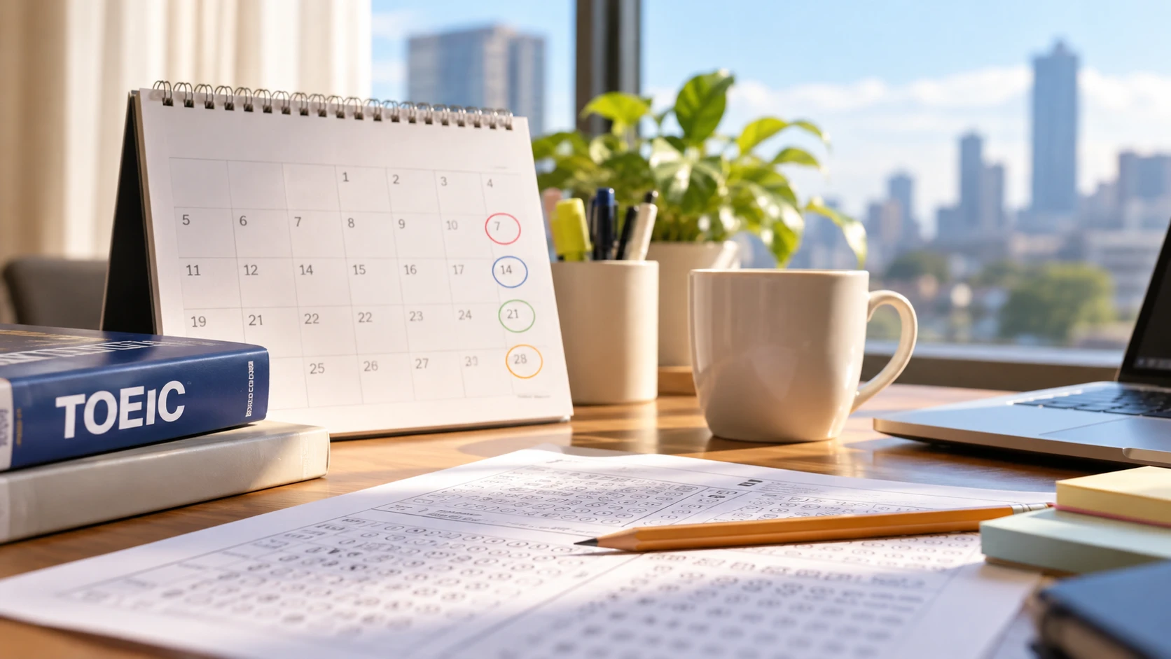 2027 多益考試日期總整理：書桌上的桌曆圈出考試日期，旁邊是 TOEIC 參考書、答案卡與鉛筆