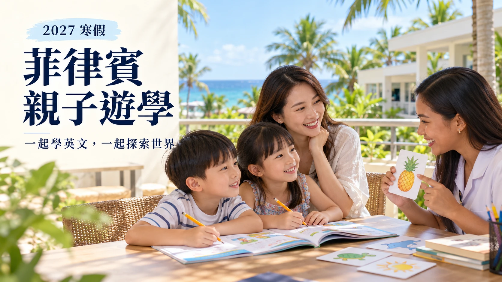 2027 寒假菲律賓親子遊學：媽媽陪兩個孩子在海島校園露台跟老師用單字卡學英文