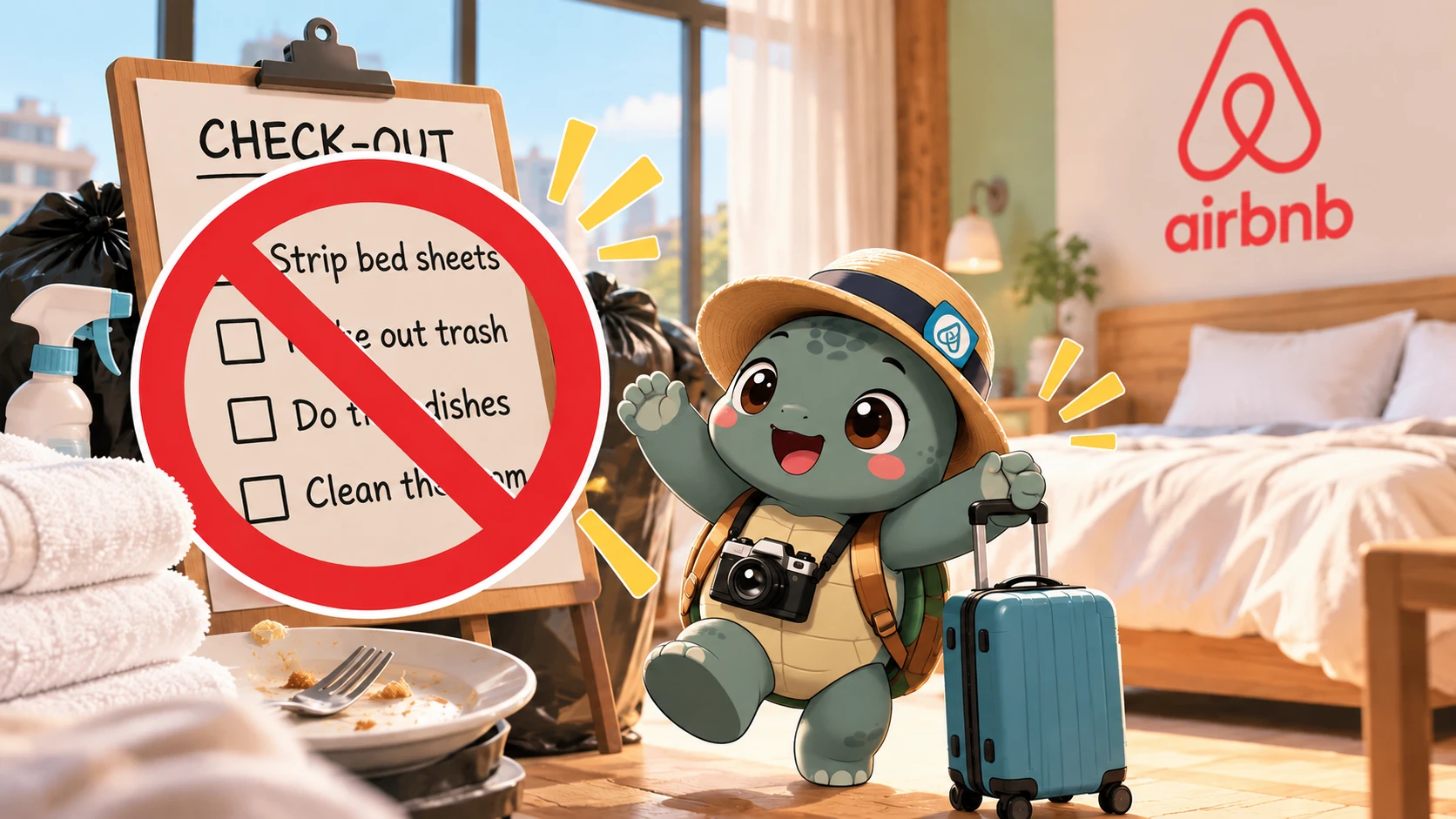 Airbnb 退房新規定英文示意圖：寫著 Strip bed sheets、Take out trash、Do the dishes 的退房清單被畫上禁止符號，戴草帽的烏龜拖著行李箱開心退房