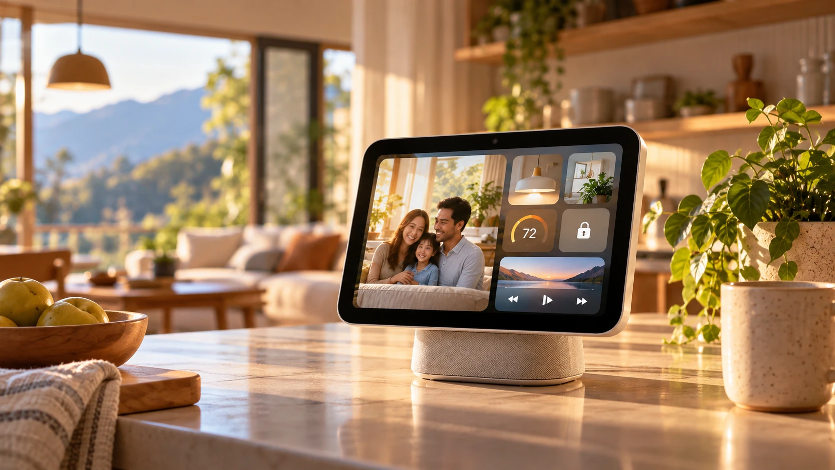 Apple HomeView 新聞英文：陽光灑落的廚房流理台上，一台智慧螢幕顯示家人視訊、室溫、門鎖與音樂播放畫面