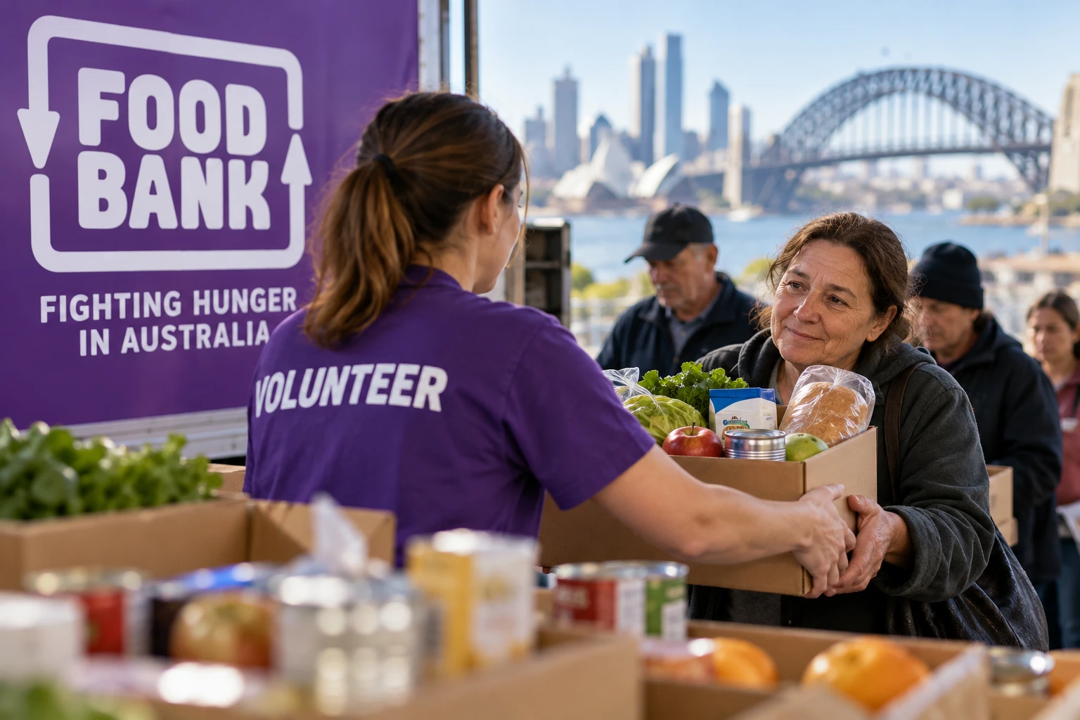シドニー港でFoodbankのボランティアが食料箱を手渡すイメージ