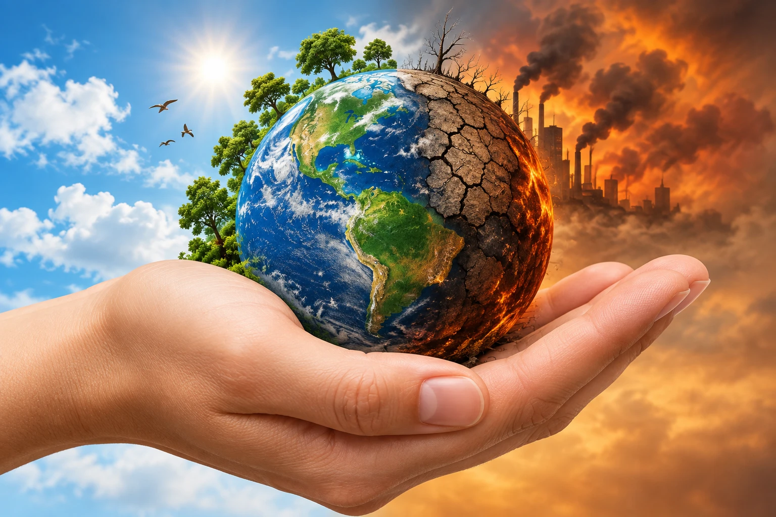 Global warming news English illustration: a hand holding up the Earth, with blue sky, green trees and birds on the left half, and cracked dry soil, flames and a factory giving off black smoke on the right half