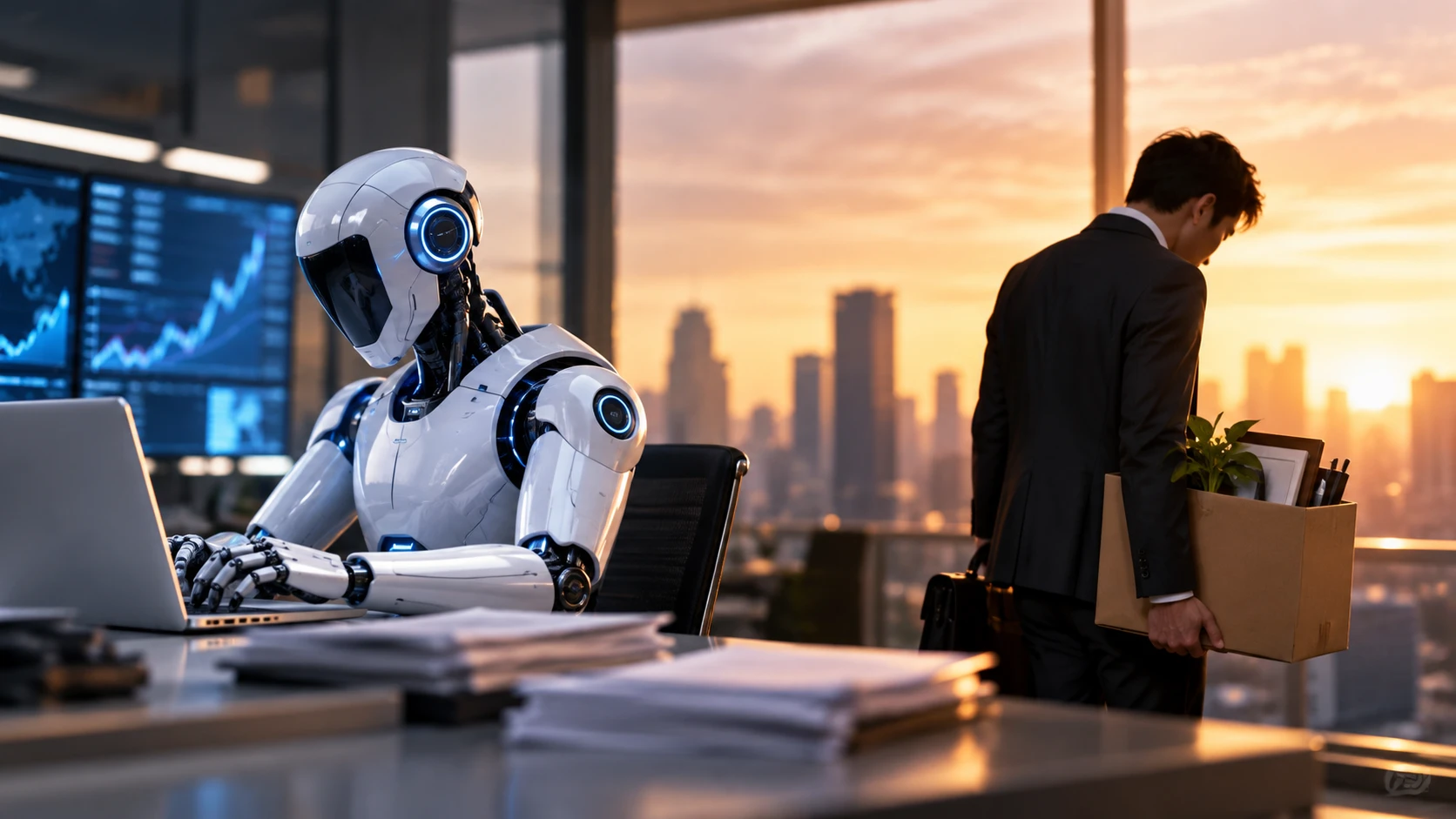 Minh họa AI thay thế việc làm theo nghiên cứu của Goldman Sachs: robot hình người màu trắng gõ máy tính xách tay trong văn phòng, nhân viên mặc vest ôm thùng giấy rời đi trước đường chân trời thành phố lúc hoàng hôn