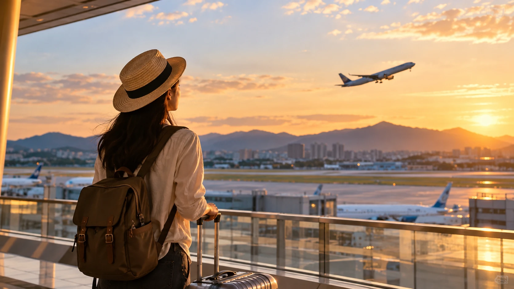 菲律賓觀光新聞英文：戴草帽、背後背包的旅客在機場航廈看著夕陽下起飛的飛機