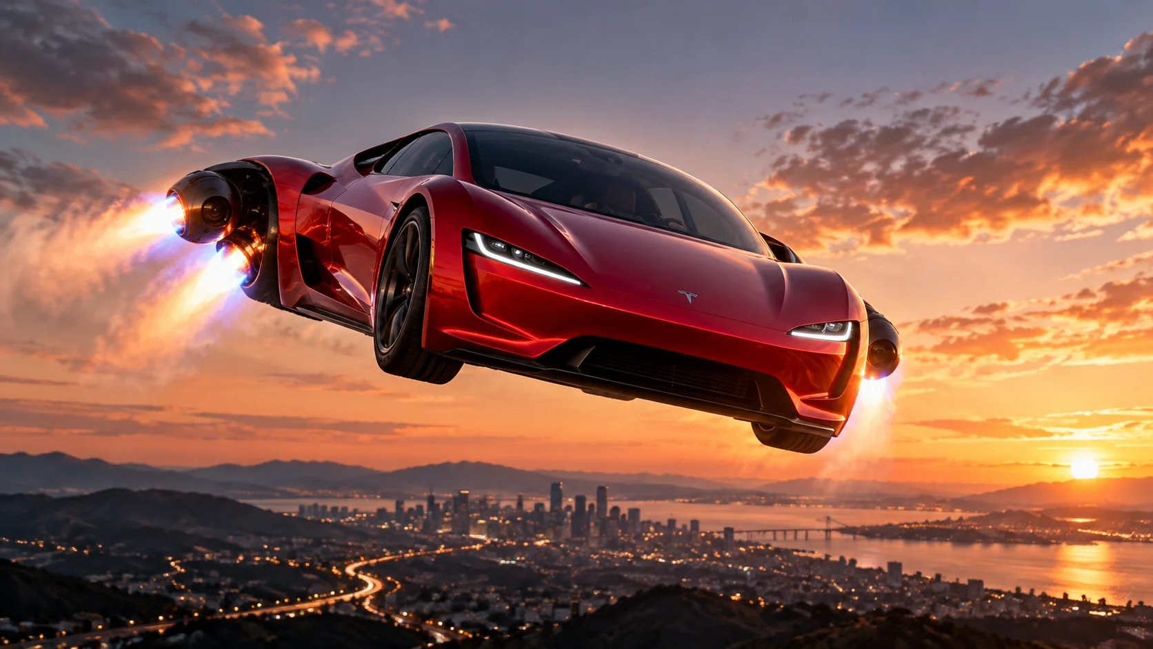 Illustration of a Tesla Roadster in flight: a red sports car firing its thrusters above a bay city at sunset