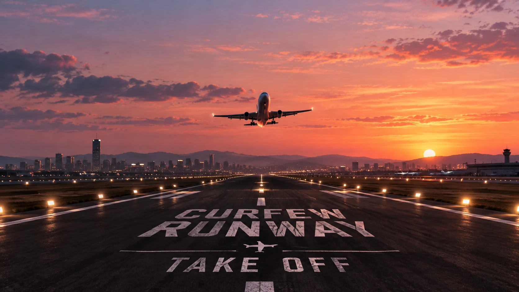 西雪梨國際機場開航英文示意圖：夕陽下客機從跑道起飛，跑道上印著 CURFEW、RUNWAY、TAKE OFF，遠方是城市天際線與塔台