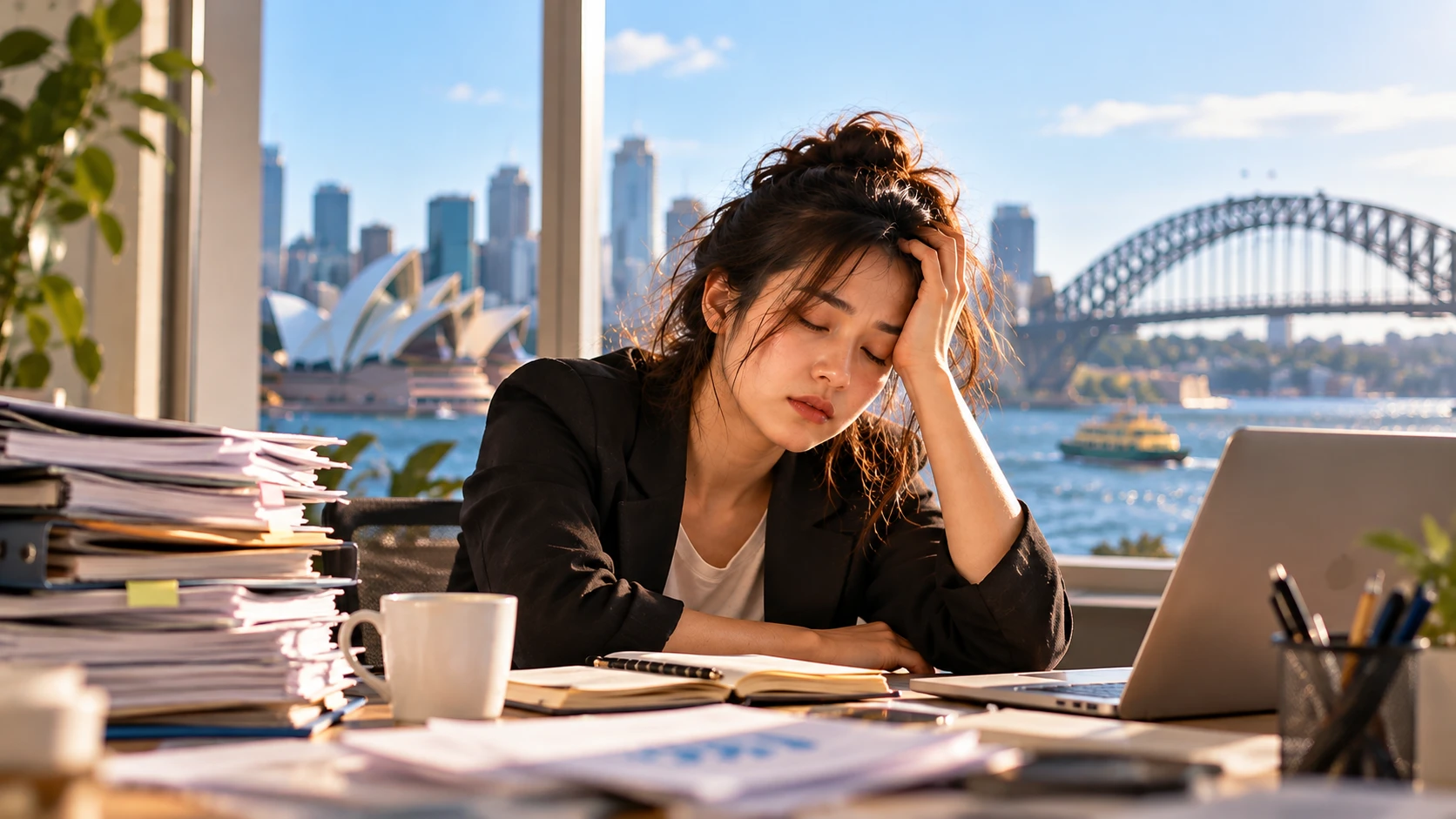 职业倦怠新闻英文示意图：悉尼办公室窗边，上班族手扶额头疲惫闭眼，桌上堆满文件，窗外是悉尼歌剧院与海港大桥