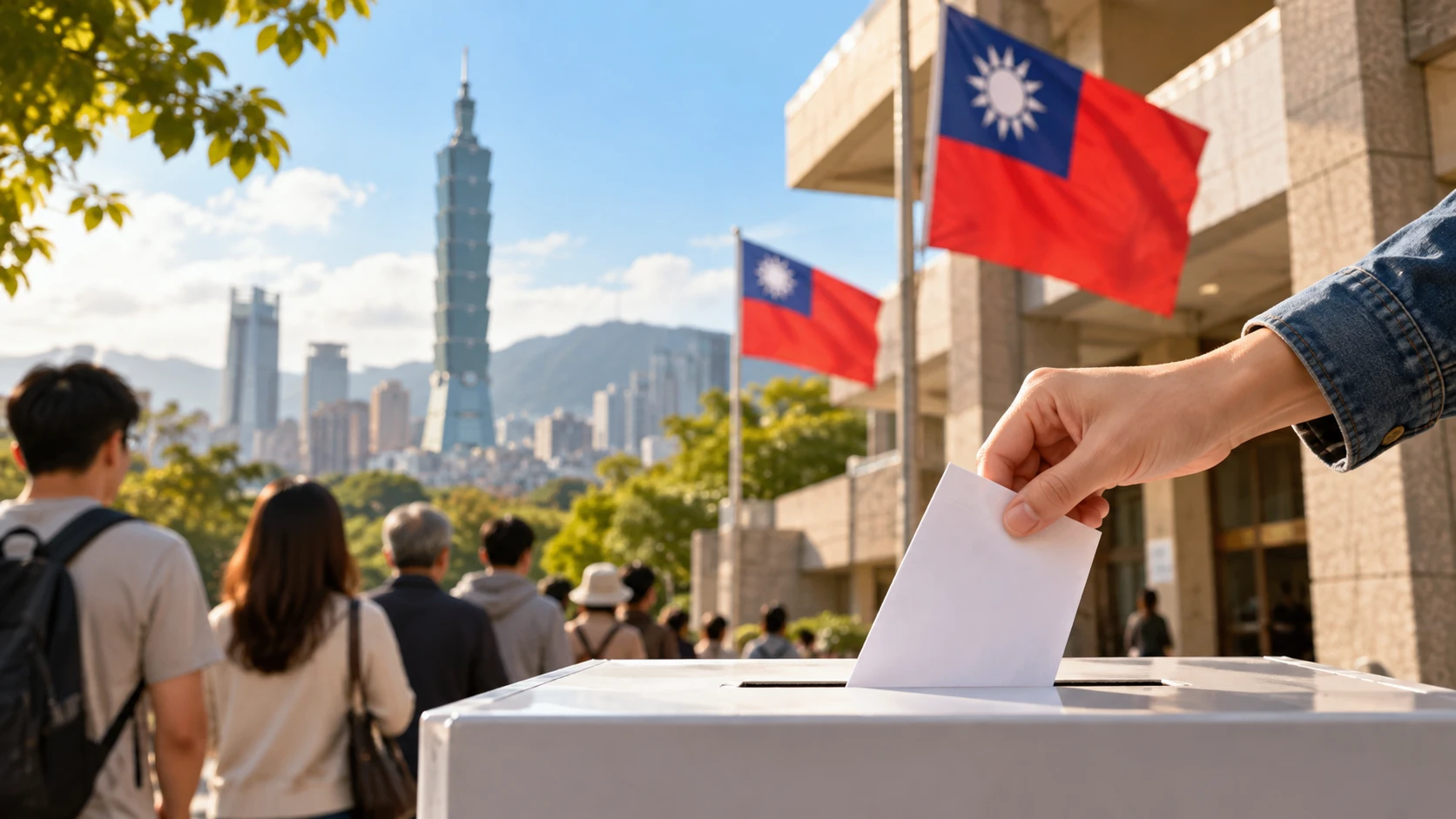 選舉英文：台北 101 與國旗前，選民排隊走向投票所，一隻手將選票投入投票箱